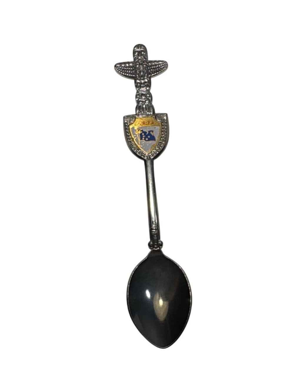 Collector Spoon With Totem Pole Handle & Enamel Shield Design Japan